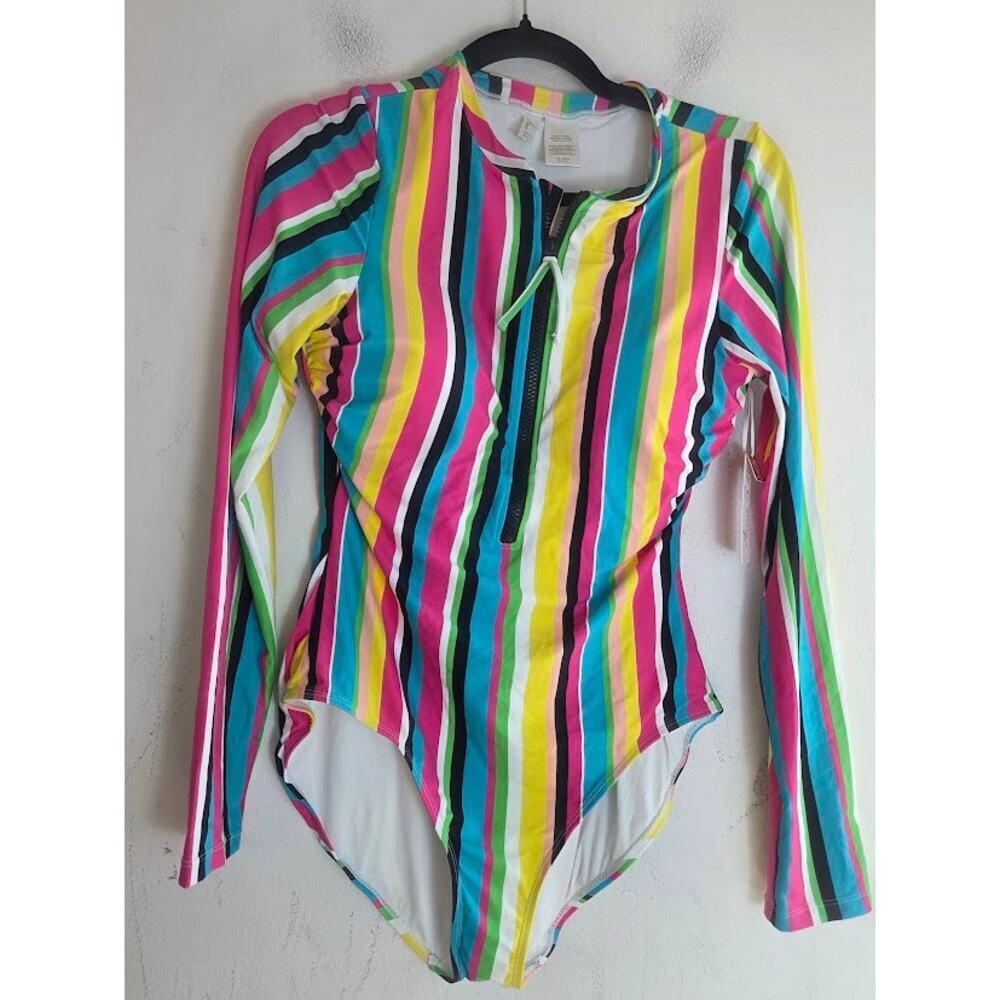 NWT Anne Cole Blue Pink Striped 1 Piece UPF 50+ Zip Up 1 Piece Swismuit size 12